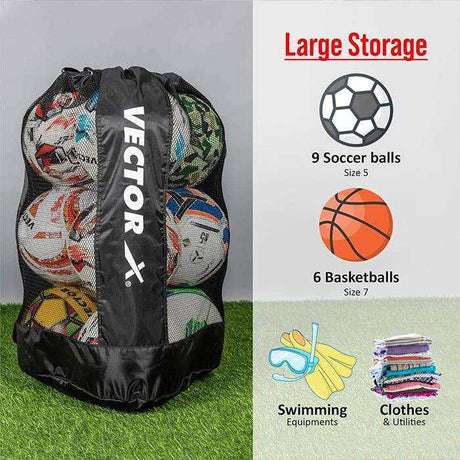 Vector X Sports Ball Bag + Large Storage For Carrying Upto 15 Balls (L Size) (9 Soccer Football Size 5 + 6 Basketball|Durable & Lightweight|Football, Basketball, Volleyball, Netball, Rugby, Beach Ball
