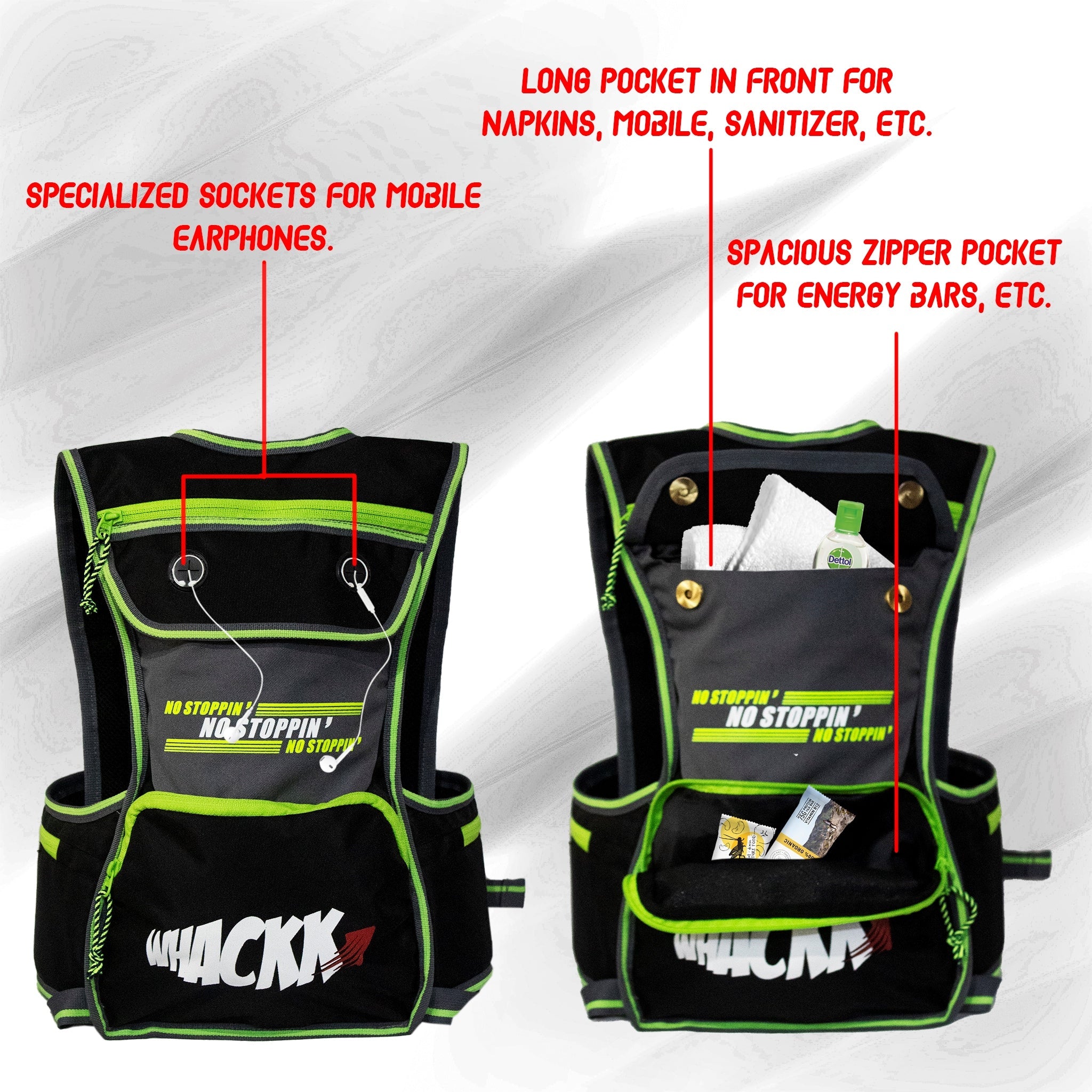 Whizz Green Running Bag |Unisex Camping & Hiking | Hydration Pouch Compartment w. Connecting Water ducts Pockets |Exercise & Fitness|Motorcycle Trekking Outdoor