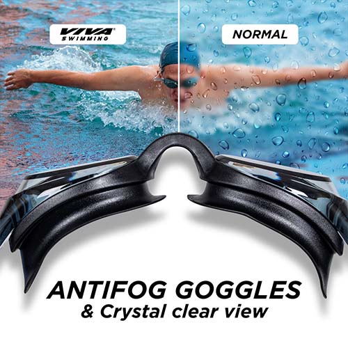 Viva Swimming Flex 3D Ergonomic Design Anti Fog & Crystal Clear View Silicone Swimming Goggle| Anti-Slip & Adjustable Straps| Case Packing (Black)