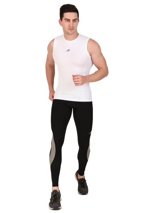 Nylon Compression Tshirt Cutsleeves Tights For Men (White)