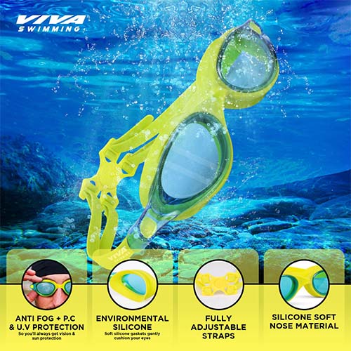 Viva Swimming Vision Silicone Swimming Goggles Mirrored Nose Bridge|Anti-Fog, UV Protection|Wide View & Comfortable One Piece|For professional Swimmer|Case Packing