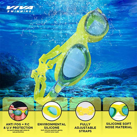 Viva Swimming Vision Silicone Swimming Goggles Mirrored Nose Bridge|Anti-Fog, UV Protection|Wide View & Comfortable One Piece|For professional Swimmer|Case Packing