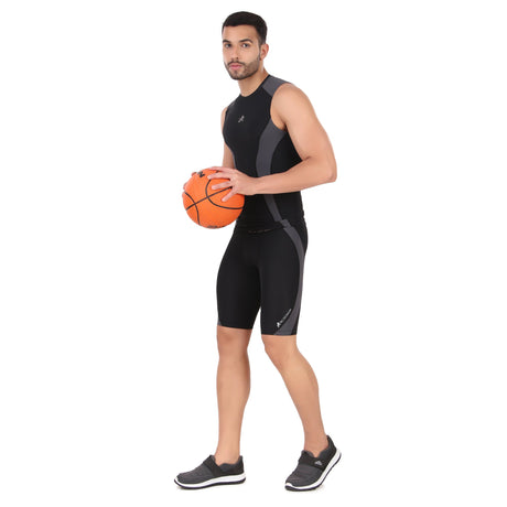 Nylon DC Compression Tshirt Cutsleeves Tights For Men (Black/D.Grey)