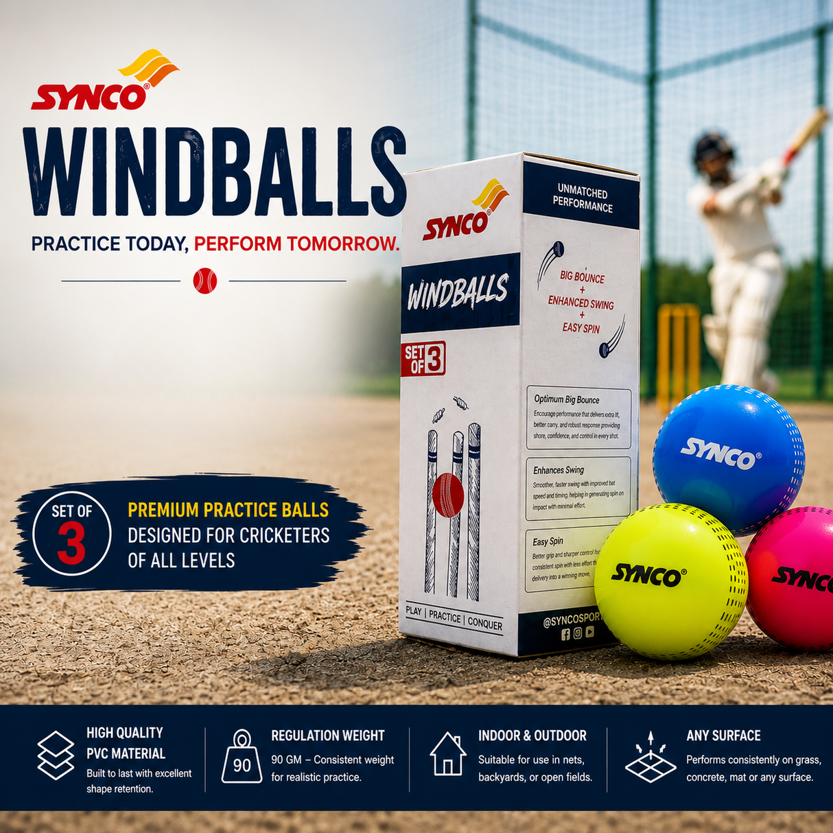 Windball Cricket Balls Pack of 3 90g- Synco (Pack of 2)