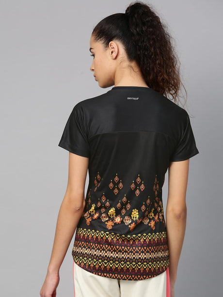 Alcis Women Black Beige Printed V-Neck T-shirt | Alcis