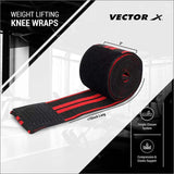 Vector X Knee Wraps/Knee Stabilizer/Knee Bands/Knee Support Compression Straps Set for Weightlifting, Gym Workout, Sports, Squats, Crossfit, Powerlifting, Deadlifts and Heavy Lifting |Washable Fabric- Men and Women  (2 Meters Length, 1 Pair) Black-Red