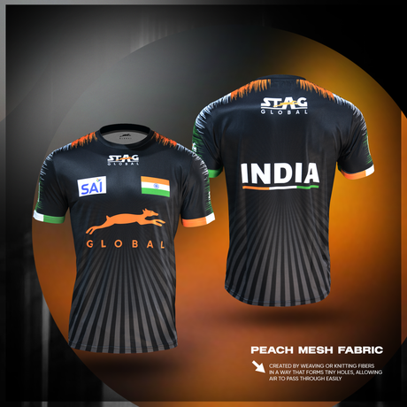 STAG GLOBAL Team India Sports Jersey for Men & Women | Peach Mesh Fabric | 4-Way Stretch | Breathable Athletic T-Shirt | Black & Sky  Blue