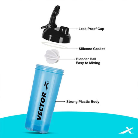Vector X Nitro High Quality 700 ml Capacity Shaker With Strong Plastic Body Material - 0.5 PP Grade (100% BPA Free, No Toxins) Perfect for Mixing Whey Protein Powder, Smoothies and other Supplements|Gym Water Bottle with Blender Ball