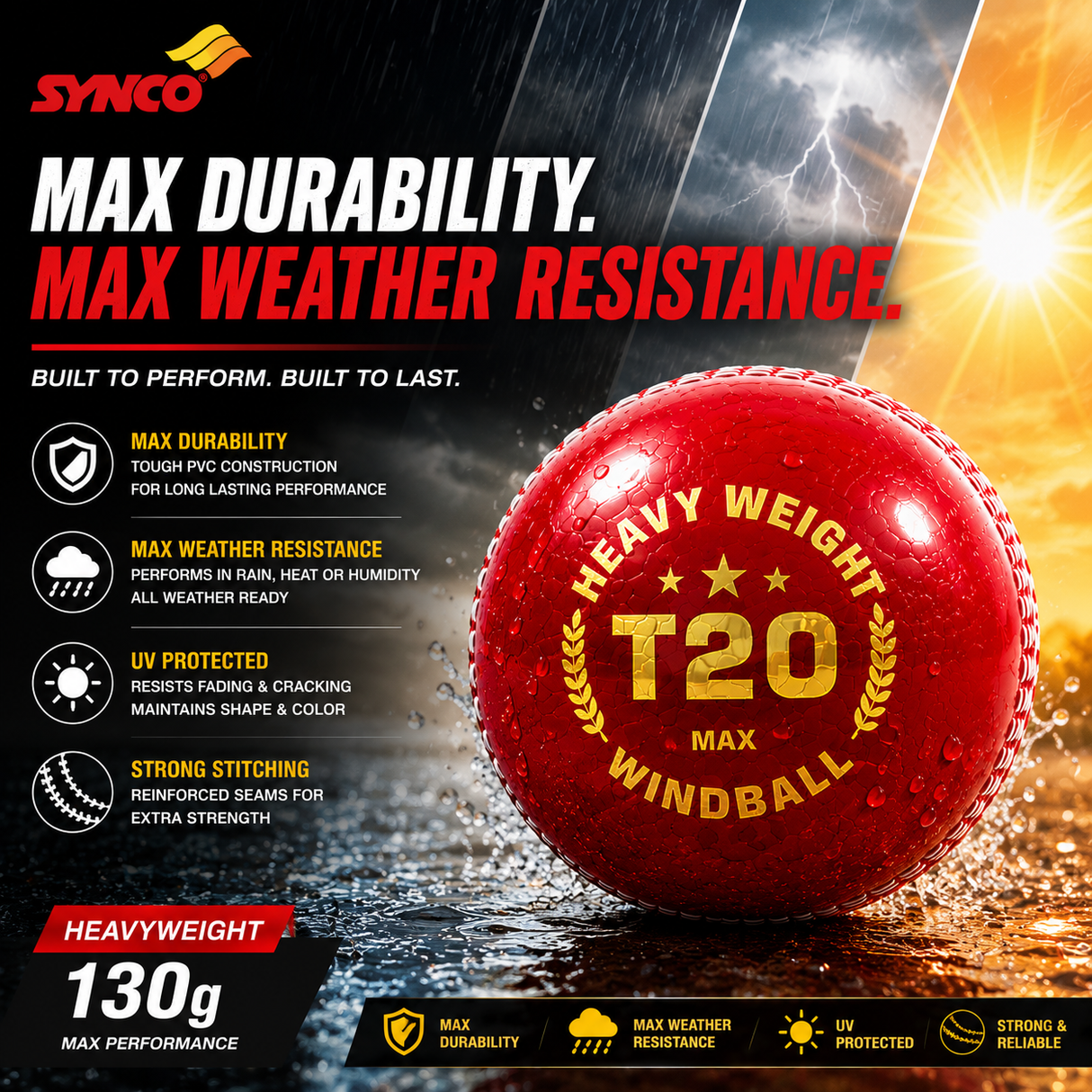 T20 Max Heavy Weight Cricket Wind Ball 130g set of 3 - Synco