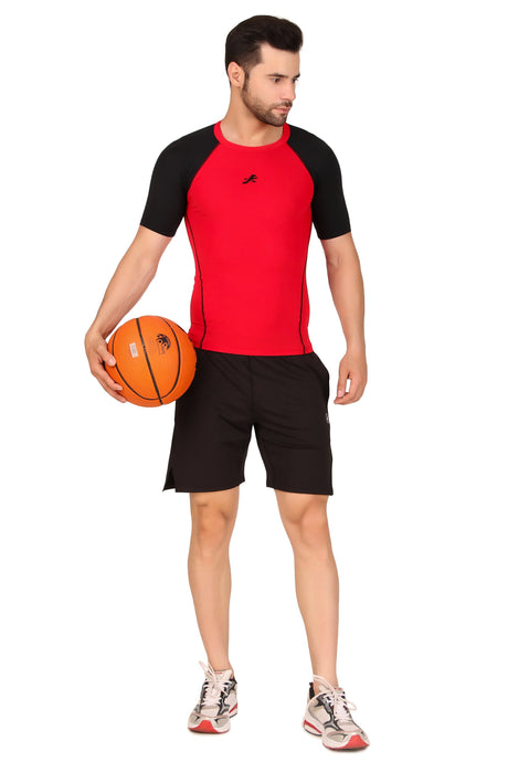 Nylon Compression Tshirt Half Sleeve Tights For Men (Red/Black)