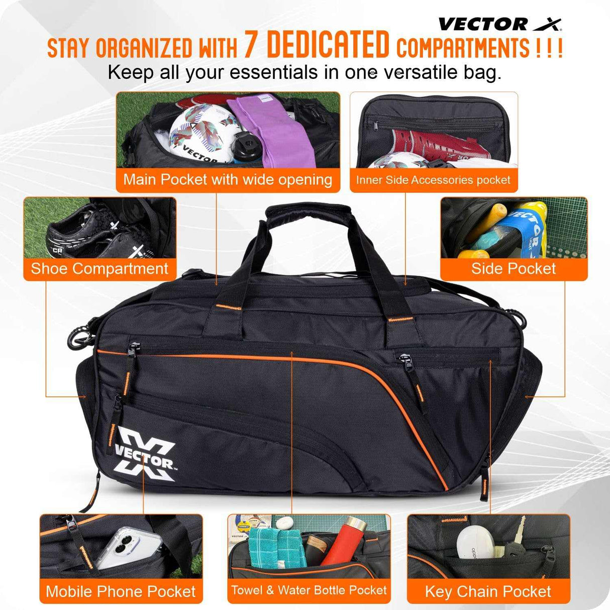 Vector X Titan Holdall Multi-Purpose Sports, Fitness Gym Kit Bag, 7 Spacious Compartments - Luggage Bag - Large Capacity Stylish/Lightweight Bag Black (25 * 25 * 56) cm