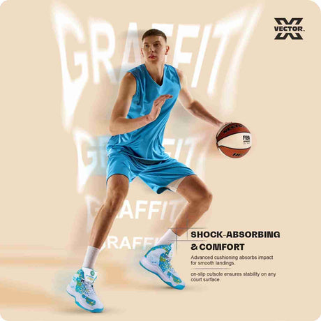 Vector X Graffiti 3D Texture TPU Fusing|Eva Phylon Rubber Sole Stylish & Comfortable High Ankle Court Shoe Best for Squash Table Tennis Volleyball Indoor & Outdoor Sports Lace Up Sneakers for Men