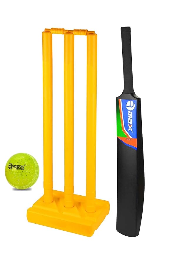 Rmax Black Hybrid Plastic Bat Combo with Plastic Stumps Set & 1 Glitter Ball | Kibi Sports