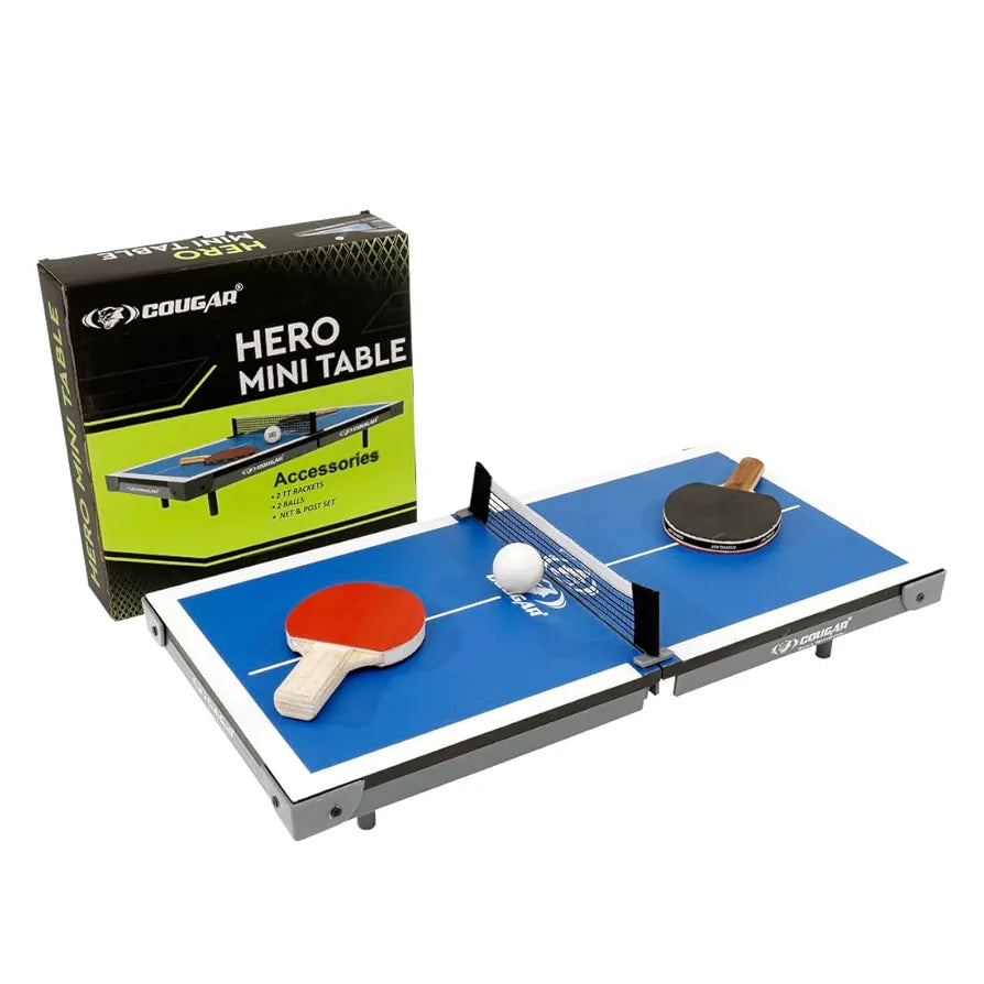 COUGAR Hero Mini Table Tennis Table | Indoor Ping Pong Mini Table for Kids Fun Play | Included - TT Rackets and Balls | Briefcase Size Foldable Design-Blue
