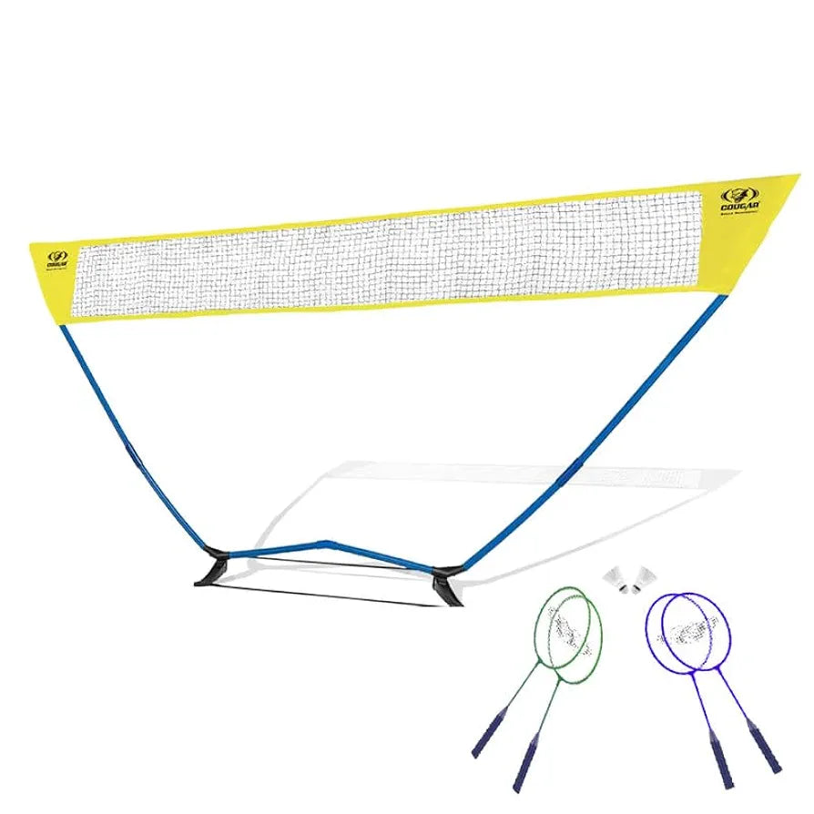 COUGAR Smart Badminton Net Set with 2 White Shuttlecocks & 4 Racket || Portable Adjustable Outdoor Foldable Stand Pole 
