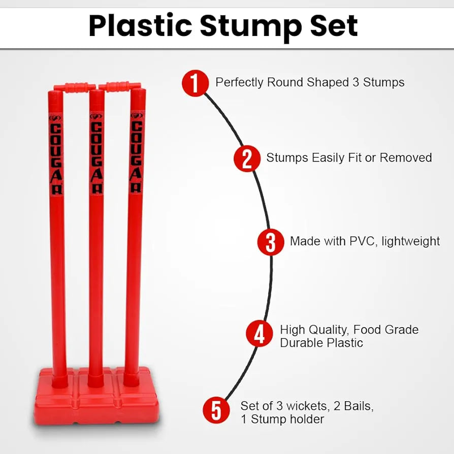 COUGAR Plastic Cricket Stumps Set - 3 Stumps 2 Bails 1 Stand  Cricket Standard Wickets for Cricket Ground, Match, Tournament Stump with Stand & Bails
