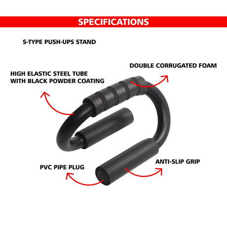 Vector X S-Shape Steel Construction Black Coated Push up Bar Push Up Bars for Men and Women