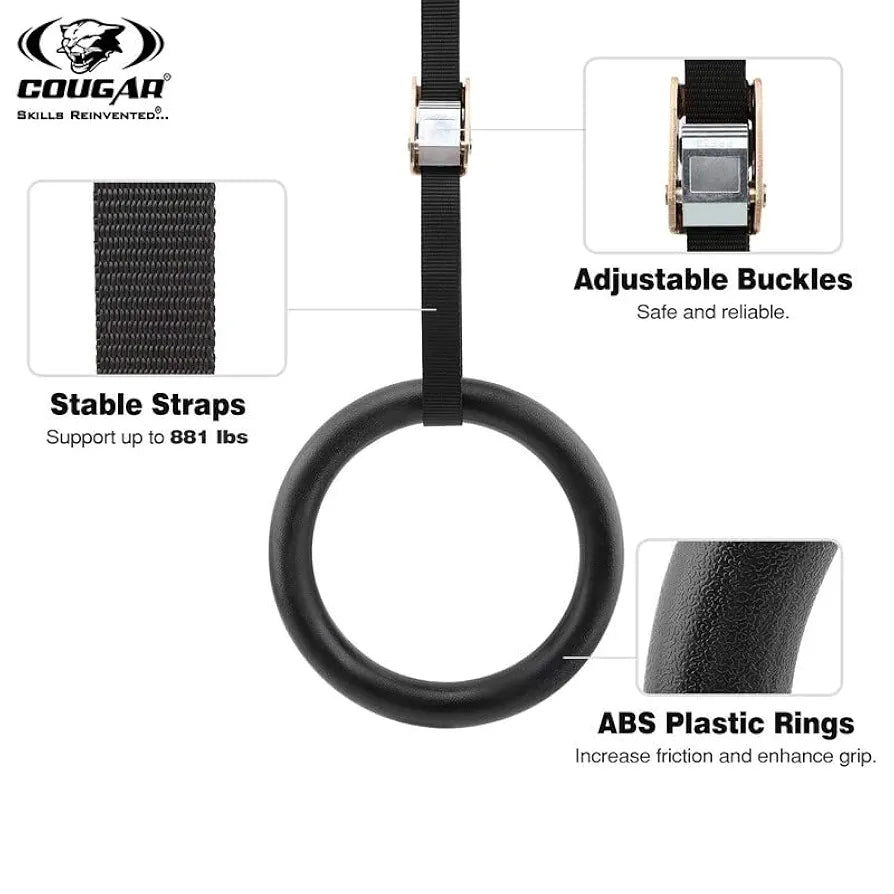 COUGAR Suspension Gymnastic Rings, Olympic Gym Rings with Heavy Duty Adjustable Straps for Gym, Cross Training, Strength Training, Pull Ups and Dips for Men/Women, Black