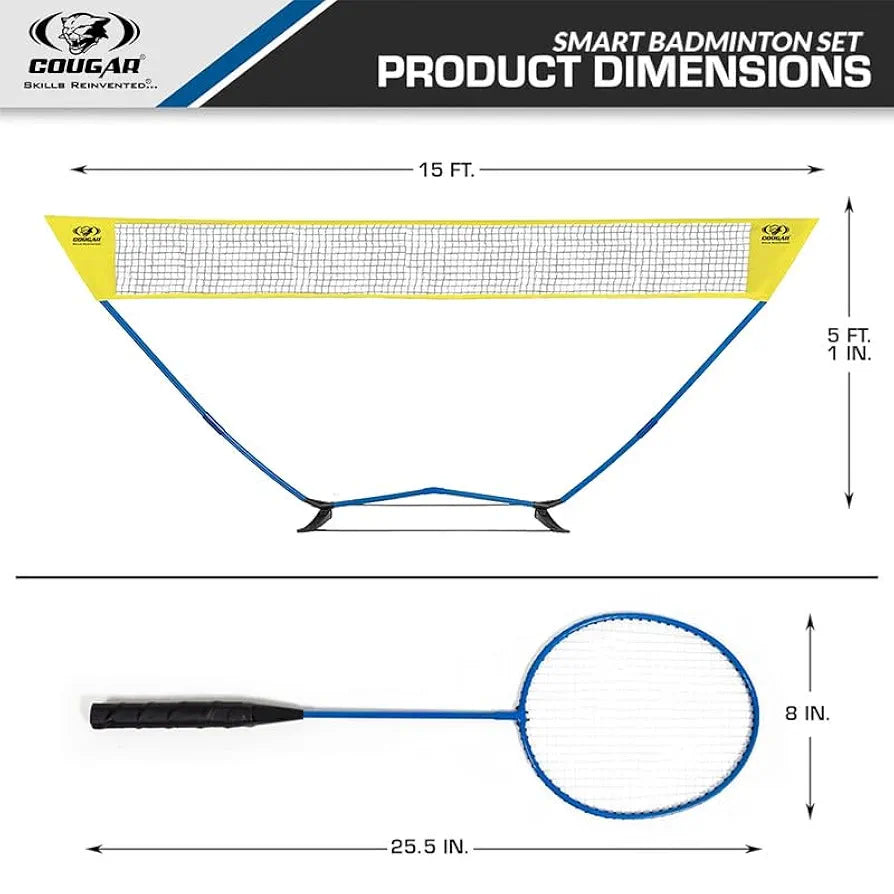 COUGAR Smart Badminton Net Set with 2 White Shuttlecocks & 4 Racket || Portable Adjustable Outdoor Foldable Stand Pole 