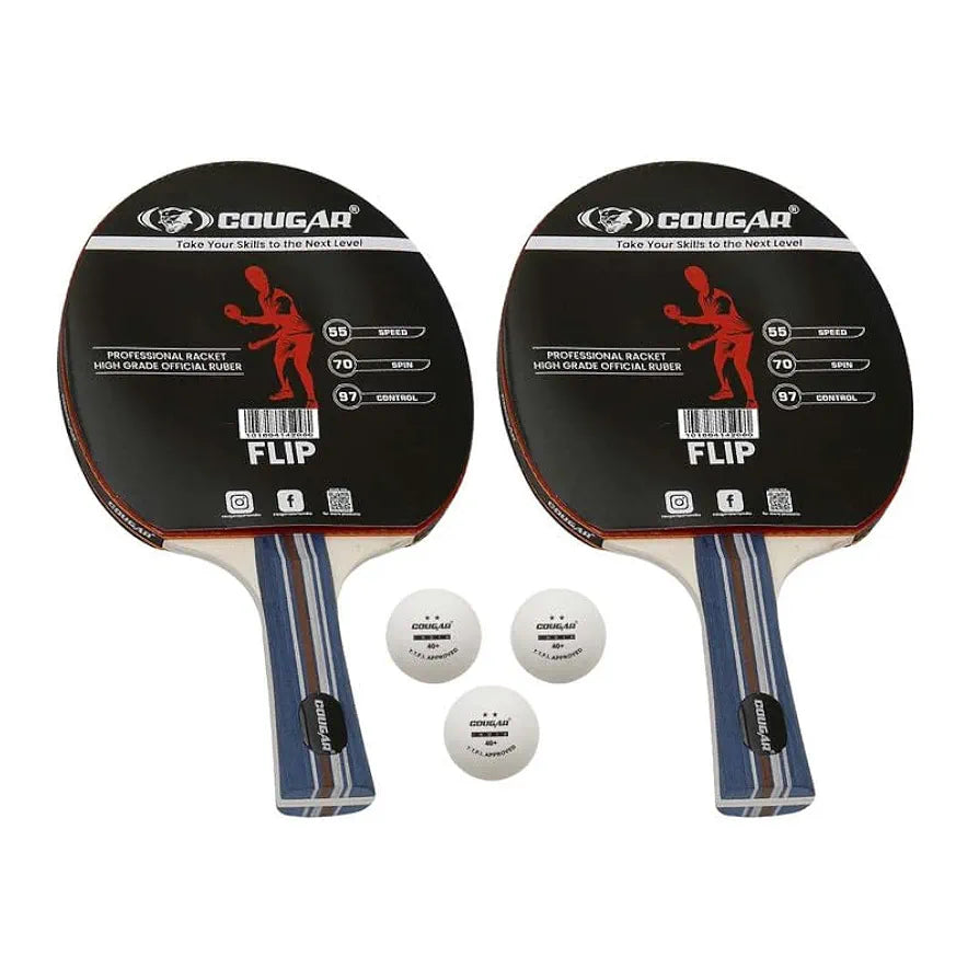 COUGAR Table Tennis Racquet Pair-FLIP |3 Ball| Professional | TTFI Approved Rubber | Multi- Color