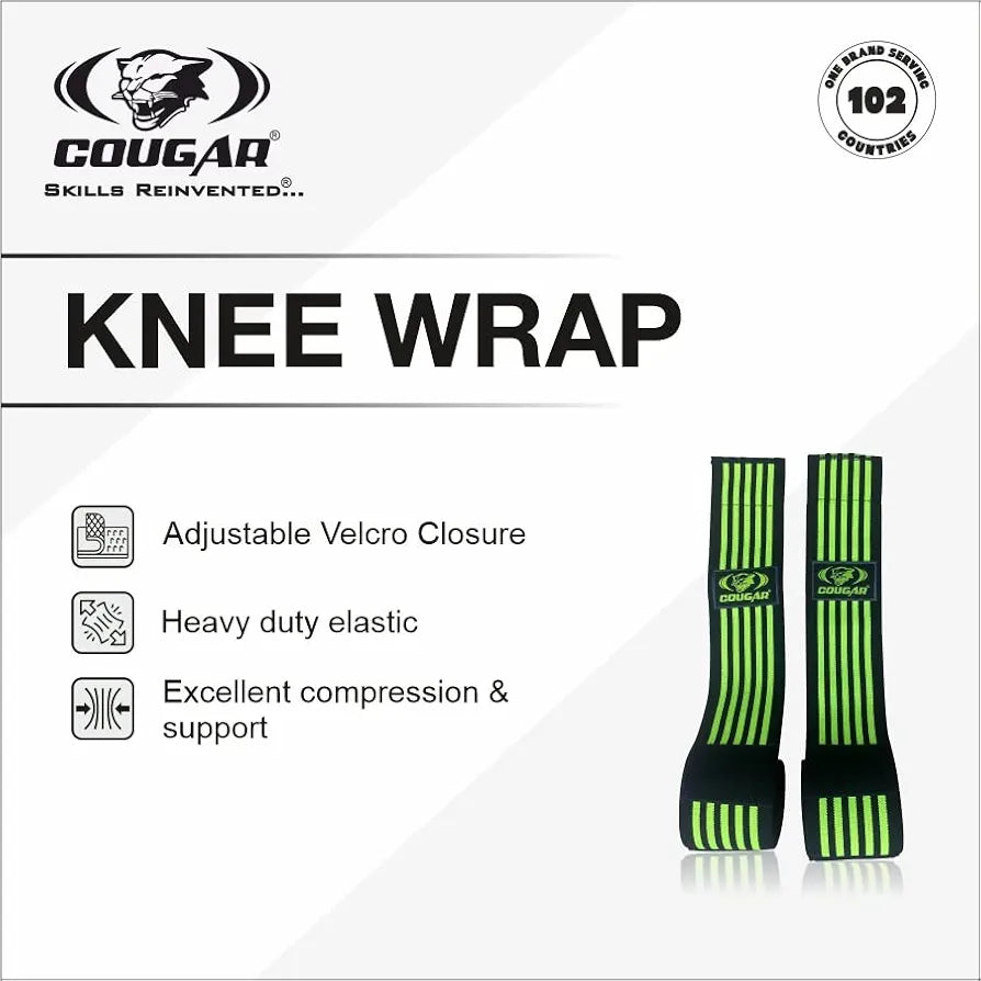 COUGAR Knee Wrap  for Cross Training Gym Workout Weightlifting, Adjustable Velcro Closure for Custom fit Knee Straps for Squats - for Men & Women- 75"-Compression & Elastic Support.
