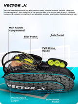Vector X Donatello Water Resistant 4 Compartment Badminton Bag with Padded Shoulder Strap