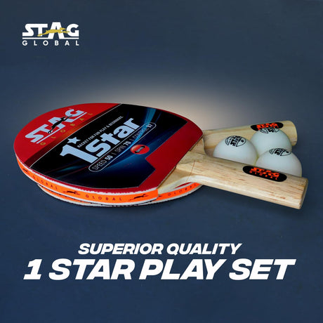 STAG GLOBAL 1 Star Table Tennis Playset | 2 Racquets & 3 Balls| Balls  White / Orange (Based on availability)