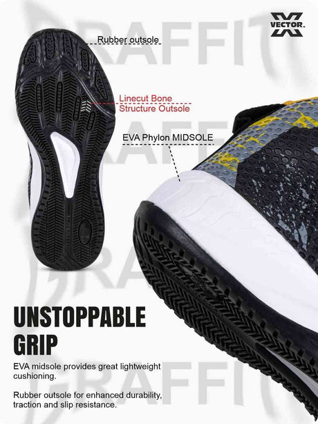 Vector X Graffiti 3D Texture TPU Fusing|Eva Phylon Rubber Sole Stylish & Comfortable High Ankle Court Shoe Best for Squash Table Tennis Volleyball Indoor & Outdoor Sports Lace Up Sneakers for Men