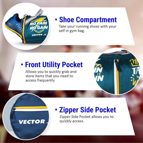 Vector X No Pain Gym Duffel 22L Sports Bag for Men and Women with Shoes Compartment Polyester | Front Utility Pocket |Durable Base | Adjustable Shoulder Strap