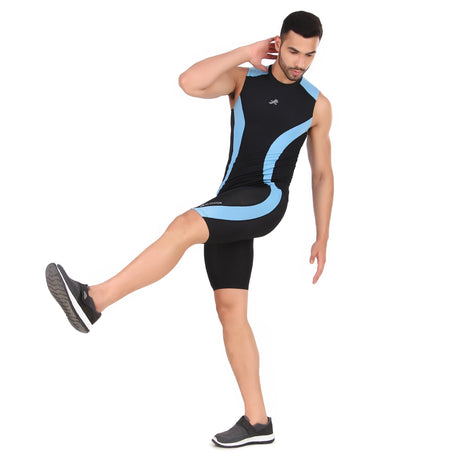 Nylon DC Compression Tshirt Cutsleeves Tights For Men (Black/Aqua)