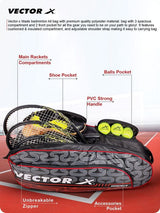 Vector X Donatello Water Resistant 4 Compartment Badminton Bag with Padded Shoulder Strap