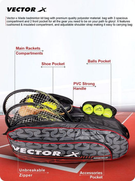 Vector X Donatello Water Resistant 4 Compartment Badminton Bag with Padded Shoulder Strap