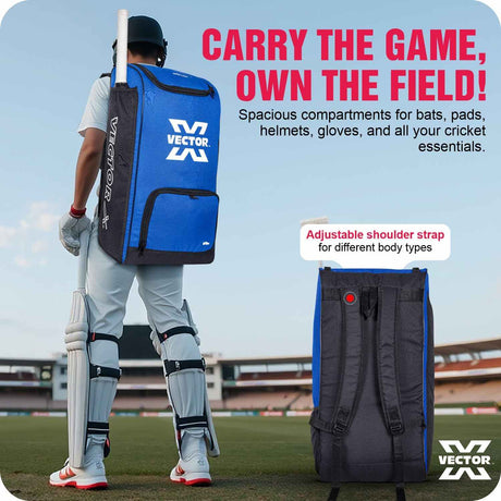 Vector X Greenfield 60 LTR. PU Polyester Cricket Backpack Senior Kit Bag Without Wheel|1 Pocket for Bat|Shoe & Accessories Pockets |1 Water Bottle Holders|Lightweight |Dual Opening (Blue - Black)