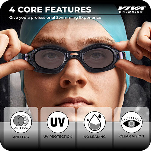 Viva Swimming Combo 614 Senior Kit- Swim Goggles, Caps and Ear plug Combo Set With Case Set- Silicone Non-Slip Material, Anti-Fog, UV Protection For Adults, Boys, Men