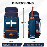 WHACKK Warne 81L Cricket Kit Bag Backpack | Spacious Compartment with Dual Bat, Shoe/ Helmet Pockets | Lightweight & Durable Sports kit Bag blue Orange