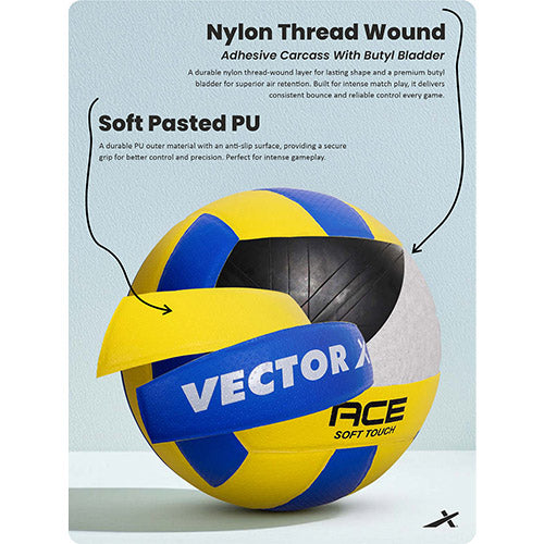 Vector X Ace Soft Touch 18 Panel PU Pasted Texture Surface Volleyball |Durable, Anti-Slip, Water Resistant Ball for Court, Adult, Men & Boys (Yellow - Blue) Pack of 1 Size 4