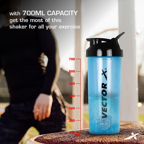 Vector X Nitro High Quality 700 ml Capacity Shaker With Strong Plastic Body Material - 0.5 PP Grade (100% BPA Free, No Toxins) Perfect for Mixing Whey Protein Powder, Smoothies and other Supplements|Gym Water Bottle with Blender Ball