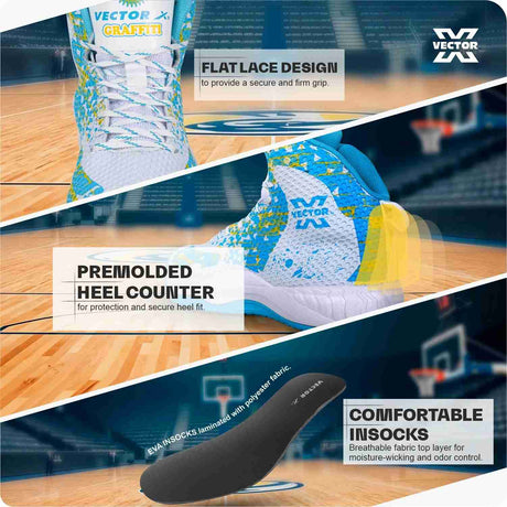 Vector X Graffiti 3D Texture TPU Fusing|Eva Phylon Rubber Sole Stylish & Comfortable High Ankle Court Shoe Best for Squash Table Tennis Volleyball Indoor & Outdoor Sports Lace Up Sneakers for Men