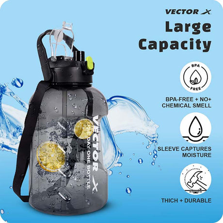 Vector X 1 Day 1 Bottle Gallon Plastic Large 3 Ltr Water Jug- with Time Marker|Non Slip Handle|Strong and Adjustable Strap|Durable Carry Handle| Reusable Gym Sports Outdoor|BPA-Free, Unbreakable, Freezer Safe (Black)