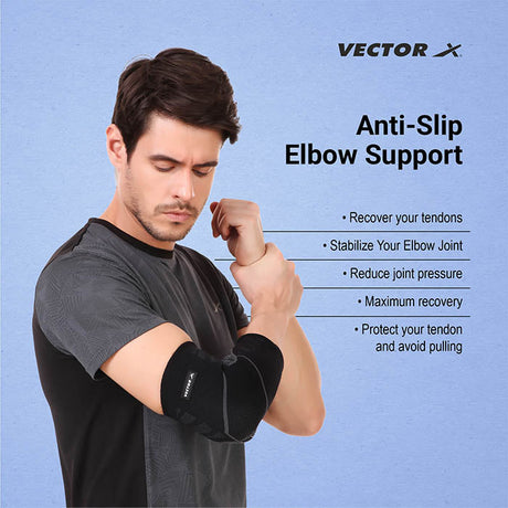 Vector X Elbow Support with Anti Slip for Gym Elbow Band for Pain Relief Tennis Elbow Band for Men & Women Tennis Elbow Support for Badminton Cricket & Sports Elbow Sleeves/Elbow Guard