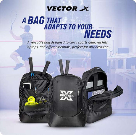 Vector X 3 in 1 Sports and Outdoor Camping Bag for Office, Travel Backpack & Duffel Shoulder Bag with Racket Pocket|Lightweight Tennis Squash Equipment Kit Bag|Air Ventilated Pocket for Wet Clothes