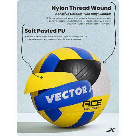 Vector X Ace Soft Touch 18 Panel PU Pasted Texture Surface Volleyball |Durable, Anti-Slip, Water Resistant Ball for Court, Adult, Men & Boys (Yellow - Blue) Pack of 1 Size 4