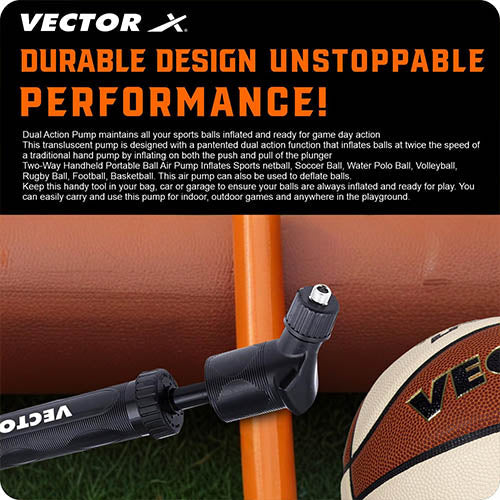 Vector X Double Action Ball Pump with Needle, Air Pump for Inflate Sports Football, Volleyball, Basketball, Rugby, Soccer Ball, Rugby|Pump Air Flow Capacity - 8.25 L/Min (Black)