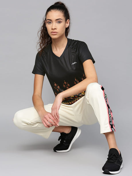 Alcis Women Black Beige Printed V-Neck T-shirt | Alcis