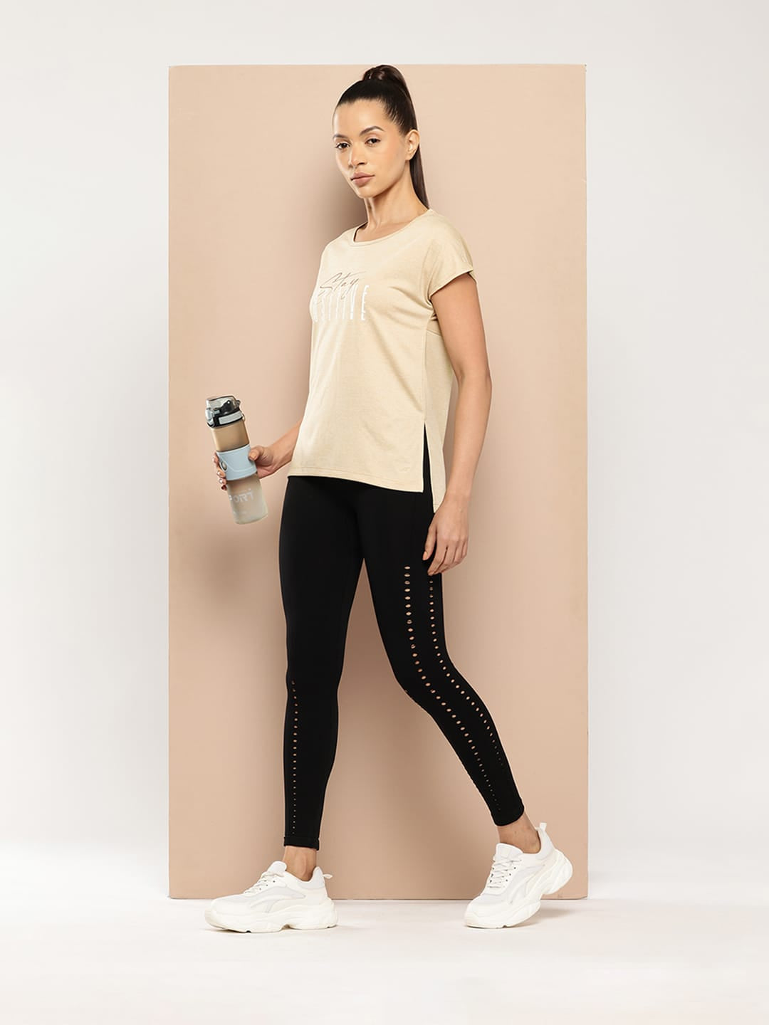 Alcis Women Beige Yoga Tee with Back Mesh Panel