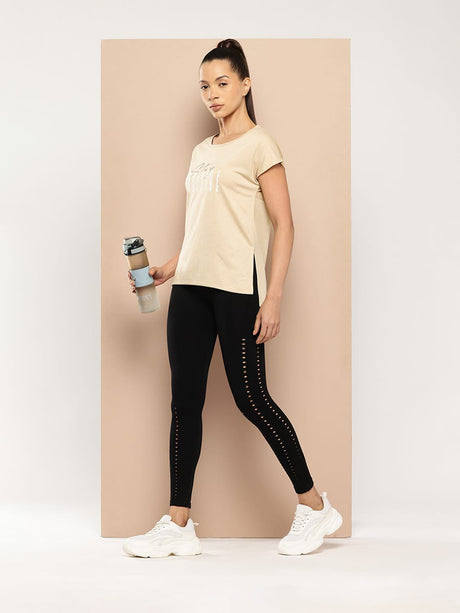 Alcis Women Beige Yoga Tee with Back Mesh Panel