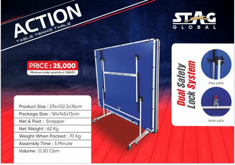 STAG GLOBAL  Action Tennis Table Blue Top | 1 Table Cover | 2 TT Rackets, 6 Balls | 1 Clamp Net Tennis Table Blue Top | 1 Table Cover | 2 TT Rackets, 6 Balls | 1 Clamp Net
