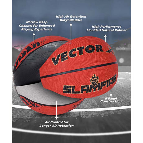 Vector X Slamfire 8 Panel Rubber Moulded Basketball|Size 7 Match Ball|Suitable for Practice Games & Training|Indoor Outdoor|Ideal for Kids, Youth & Adults|Suitable for All Surfaces (Black)