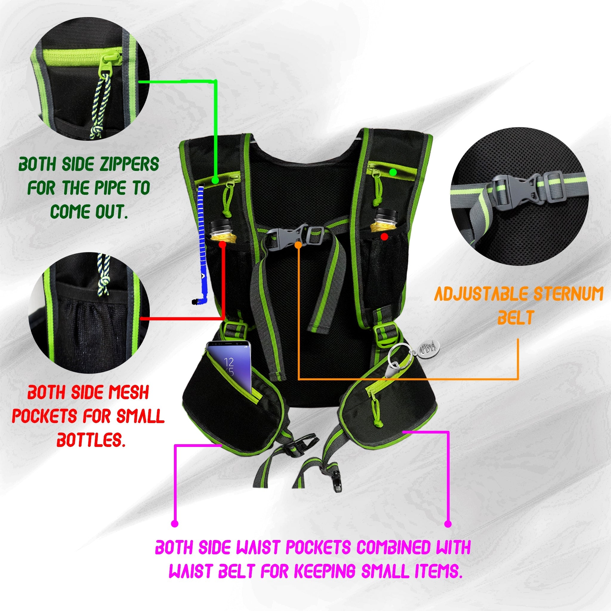 Whizz Green Running Bag |Unisex Camping & Hiking | Hydration Pouch Compartment w. Connecting Water ducts Pockets |Exercise & Fitness|Motorcycle Trekking Outdoor