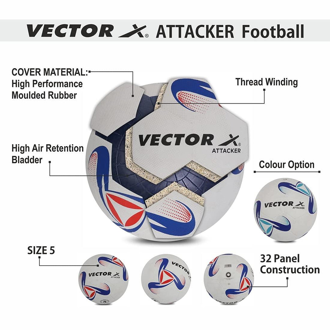 Vector X Synthetic Rubber Moulded Attacker Footballl With Pump (Size-5) (White-Blu-Red)